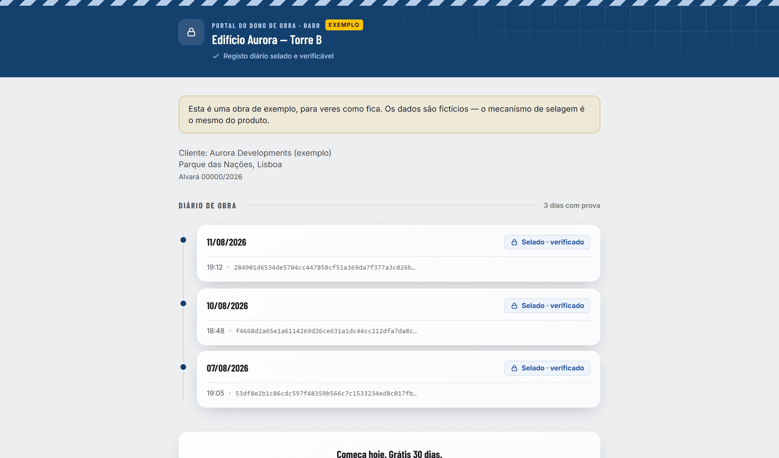 Portal do dono de obra, com os dias selados da obra