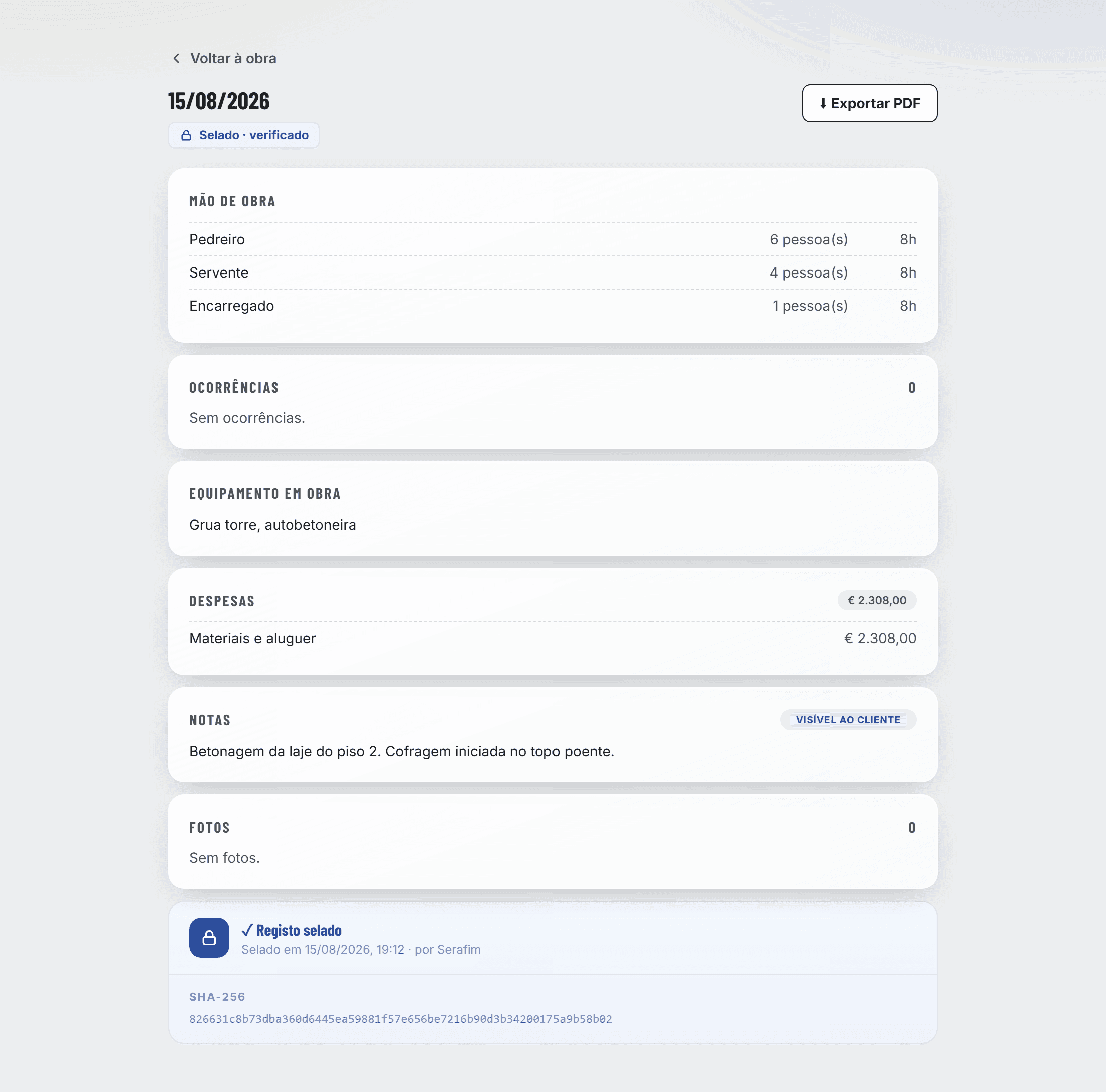 Registo diário selado, com certificado e hash SHA-256
